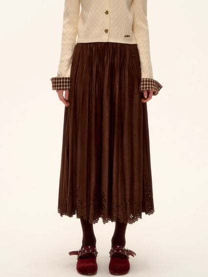 Suede Pleated Midi Skirt