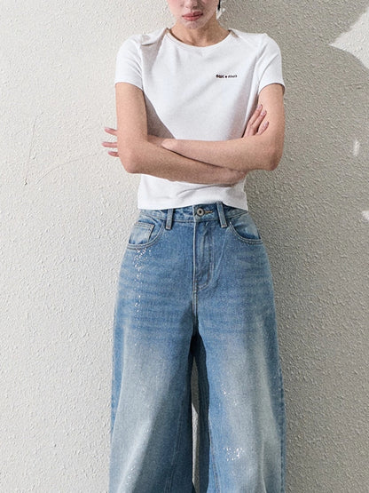 Cotton Silver-Splatter Wide-Leg Jeans