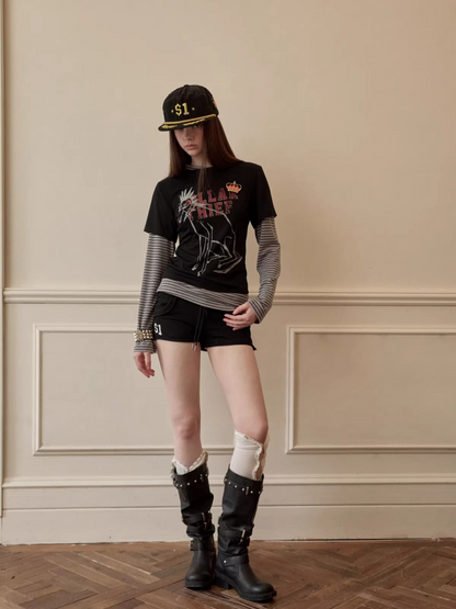 Camo Contrast Bone Embroidery Cotton Sweat Shorts