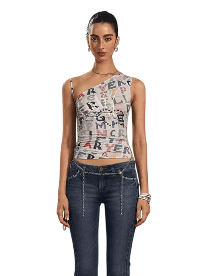 Vintage Graphic One-Shoulder Cinched Crop Tee