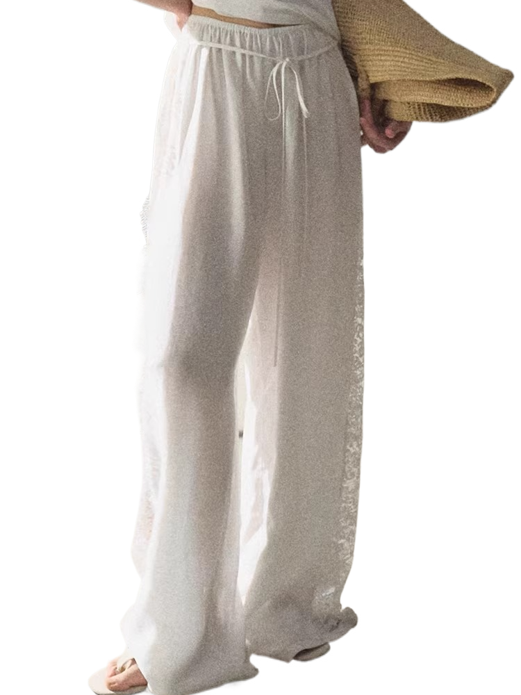 Lyocell Lace-Trimmed Flowing Wide-Leg Trousers