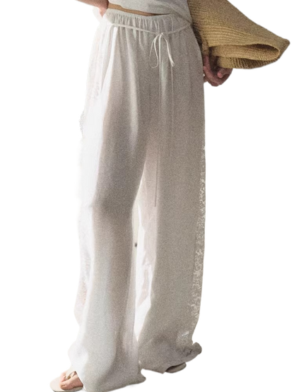 Lyocell Lace-Trimmed Flowing Wide-Leg Trousers