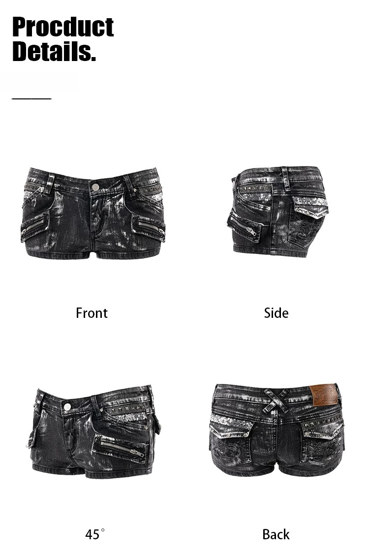 Black Low-Rise Heavy Washed Multi-Pocket Denim Shorts