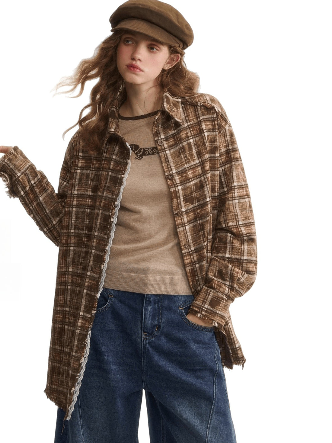 Oversized Lace-Trim Patchwork Plaid Shirt