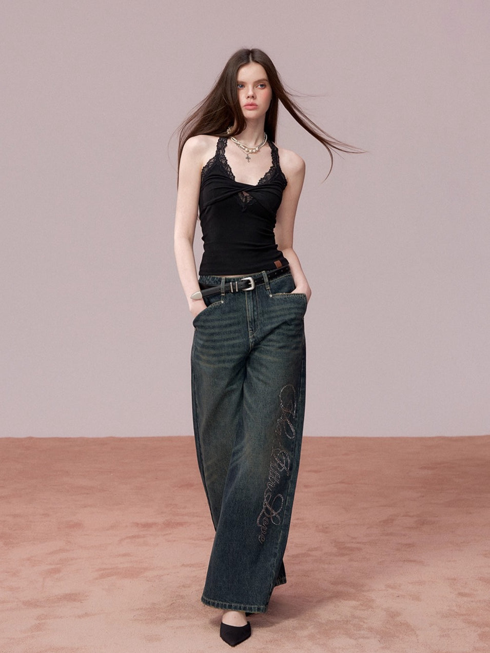 Embellished Rhinestone Vintage Wide-Leg Jeans