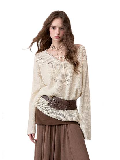 Lace Trim V-Neck Wool Blend Knit Sweater
