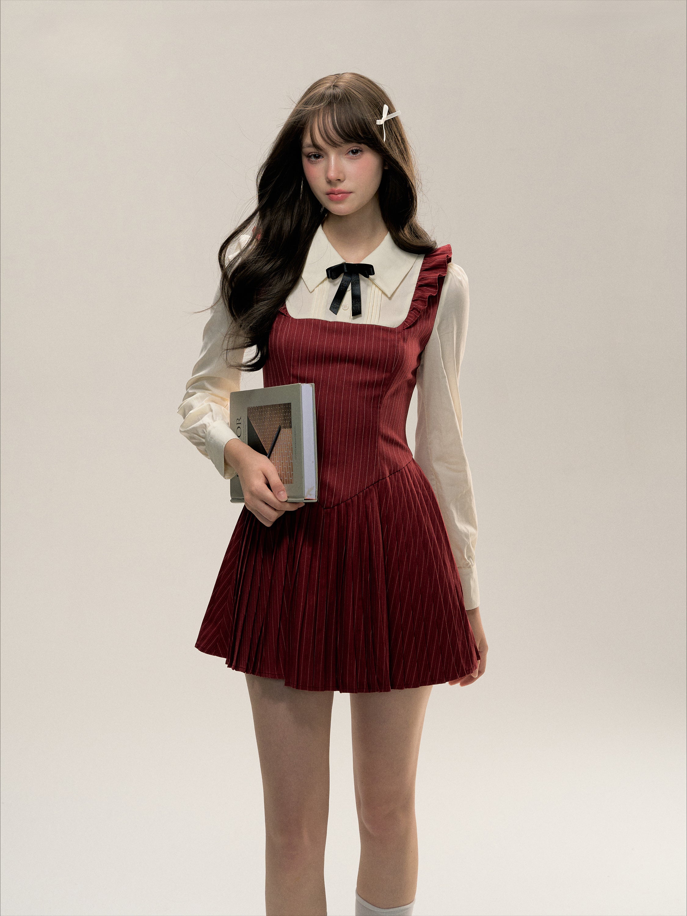 Red &amp; Grey Fitted Long-sleeve Shirt Collar Dress