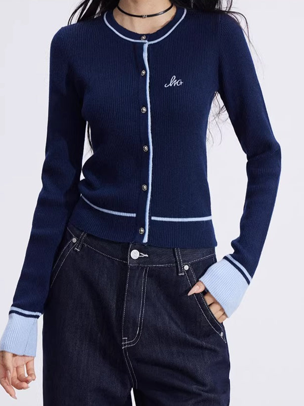 Contrast-Trim Slim-Fit Knit Cardigan