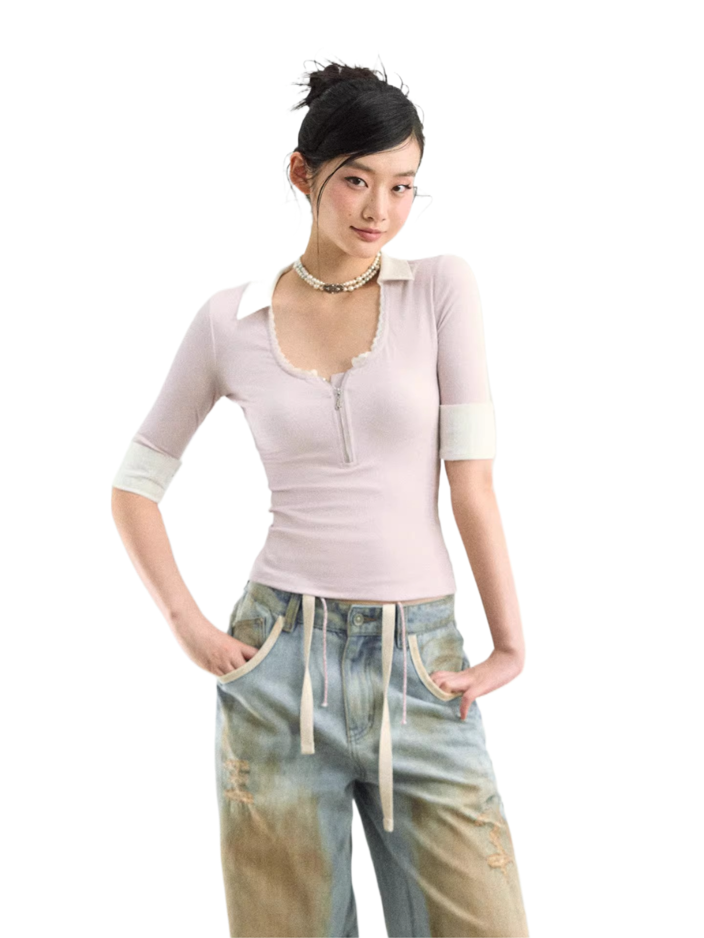 Lace Trim Half-Zip Knit Polo T-Shirts