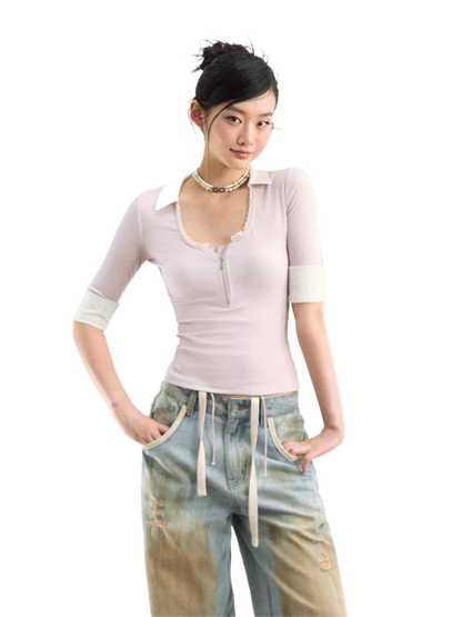 Lace Trim Half-Zip Knit Polo T-Shirts