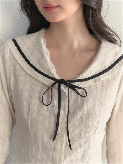 Nautical Texture Beige Fitted Blouse