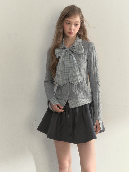 Retro Bow-Tie Preppy Layered Cable Knit Cardigan