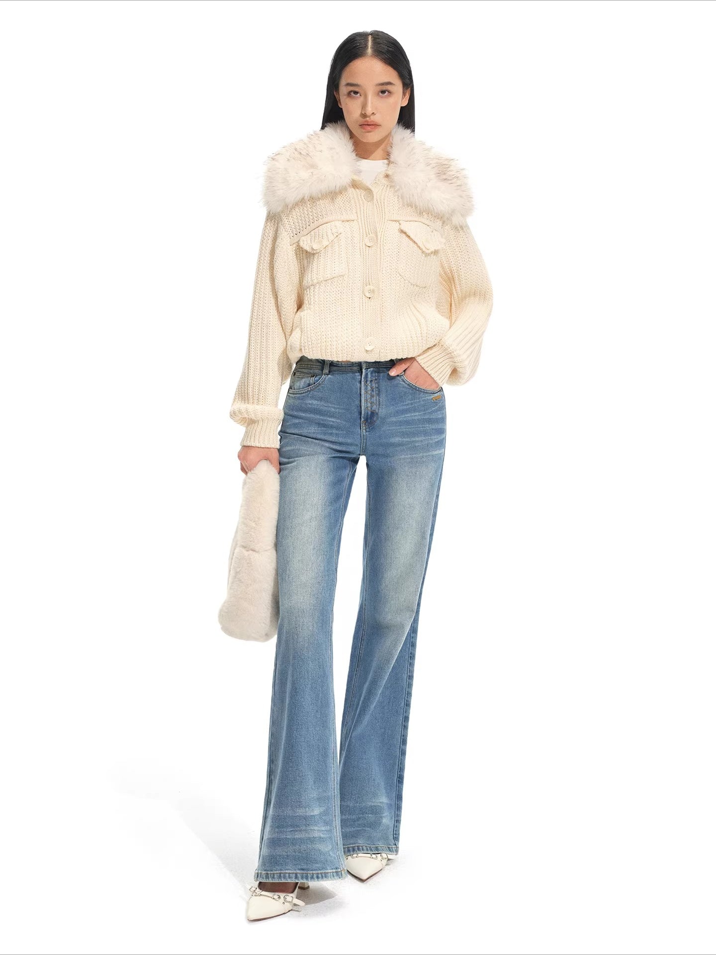 Faux Fur Collar Wool Knit Cardigan