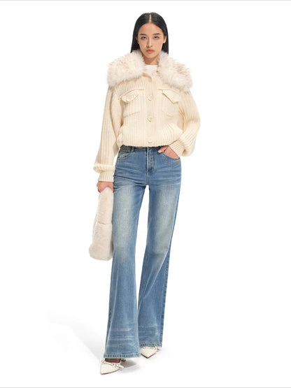 Faux Fur Collar Wool Knit Cardigan