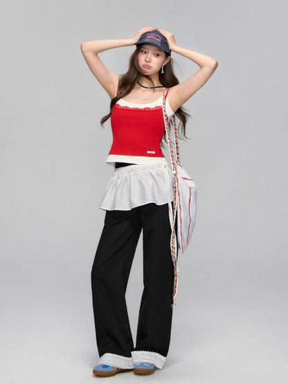 Lace-Trim Relaxed Blade-Cut Pants