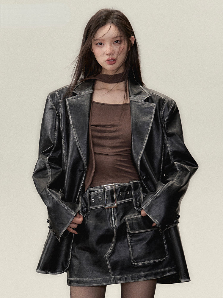 Faux Leather Jacket &amp; Skirt Two-Piece Set - CHINASQUAD