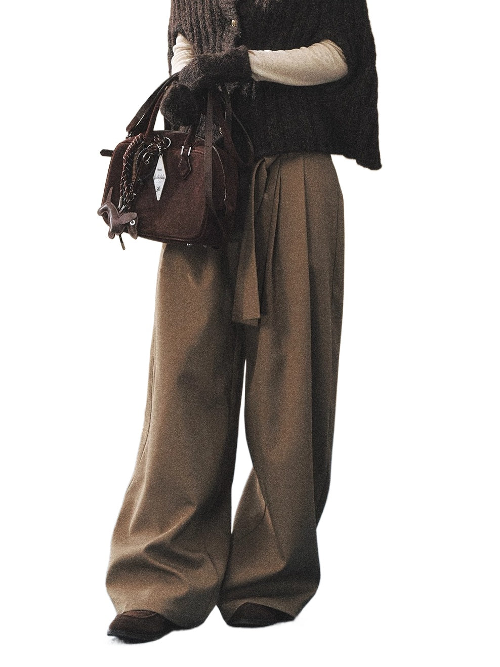 Khaki Fluid Wide-Leg Pleated Trousers