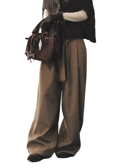 Khaki Fluid Wide-Leg Pleated Trousers