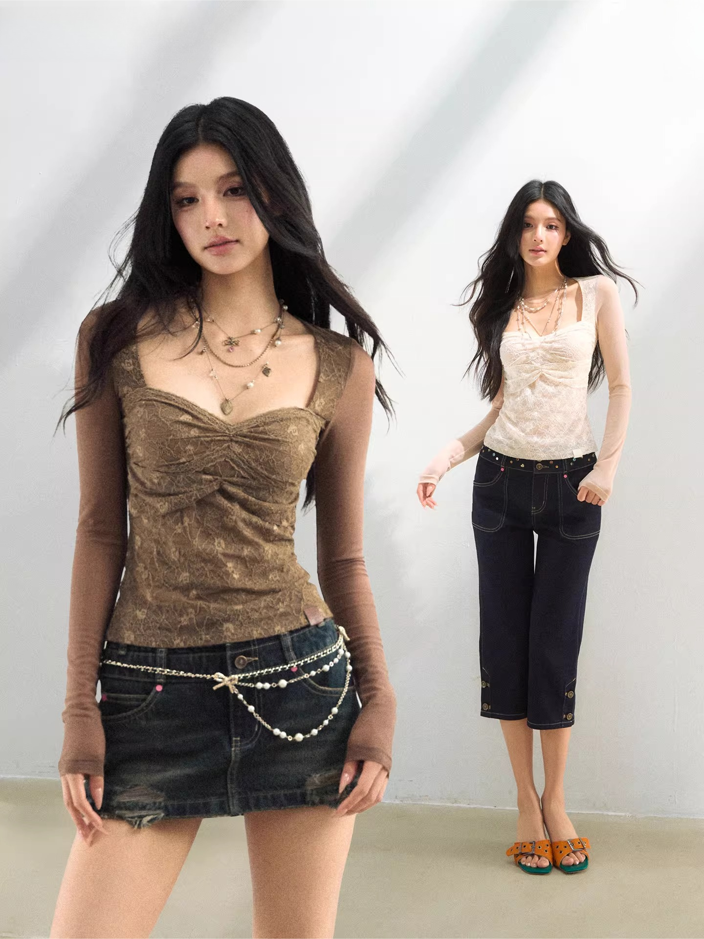 Lace Mesh Ruched Long Sleeve T-Shirts