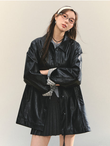 Black H-shaped Cuff Checkered Spliced Leather Jacket - CHINASQUAD