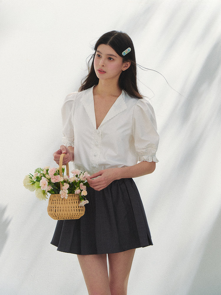 French-style V-neck Embroidered Shirt