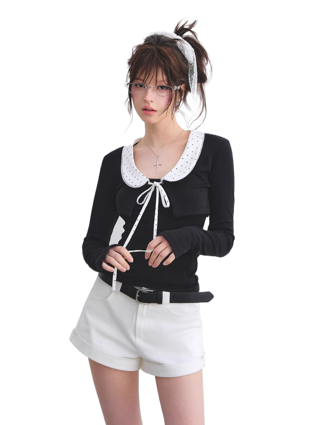 Polka Dot Lace Collar Long Sleeve Cardigan &amp; Cami Two-Piece Set