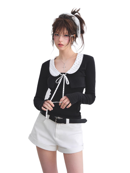 Polka Dot Lace Collar Long Sleeve Cardigan &amp; Cami Two-Piece Set