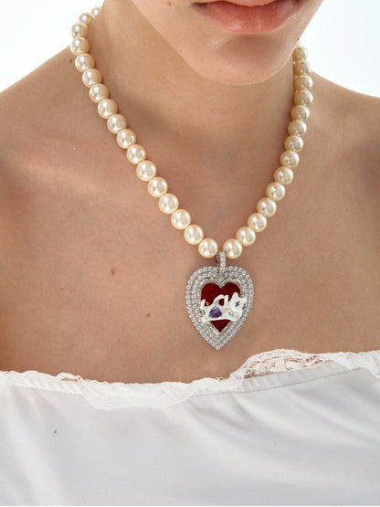 Cat Heart Enamel Pearl Necklace