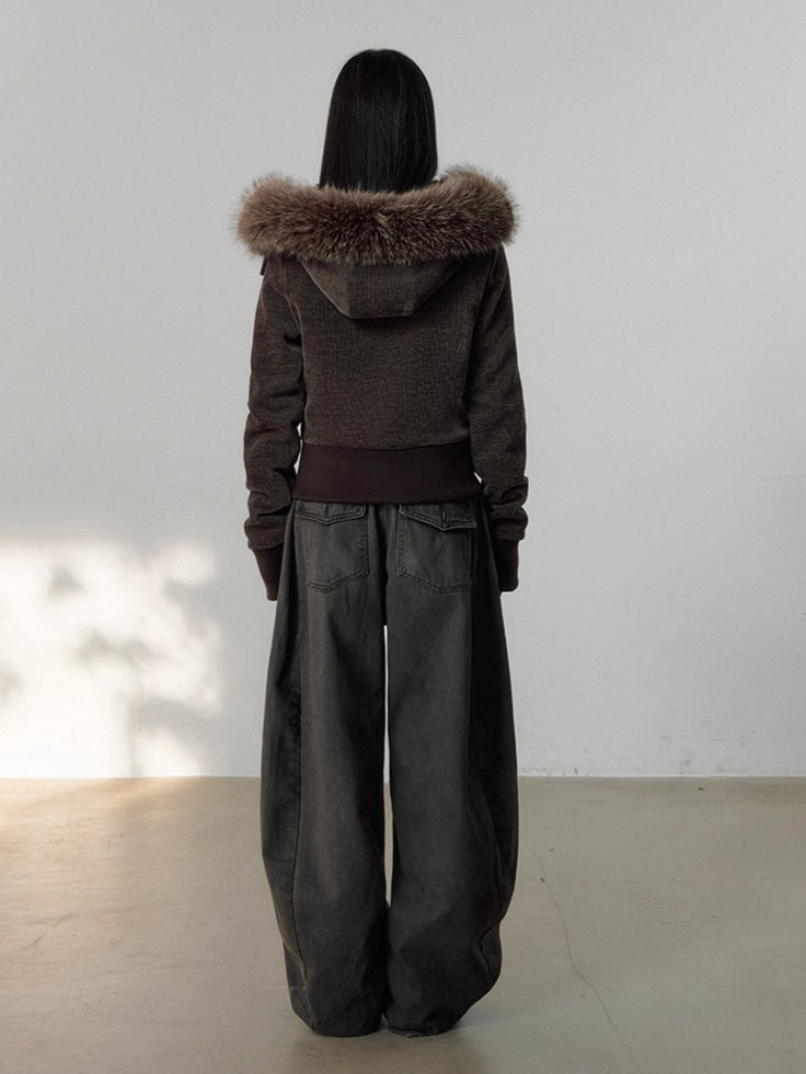 Vintage-Wash Curved Wide-Leg Pants