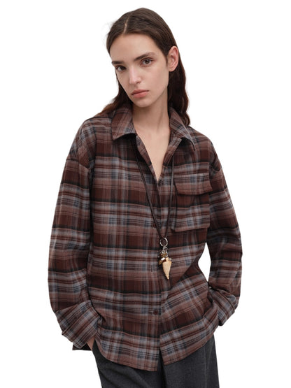 Vintage Purple-Brown Plaid Brushed Shirt