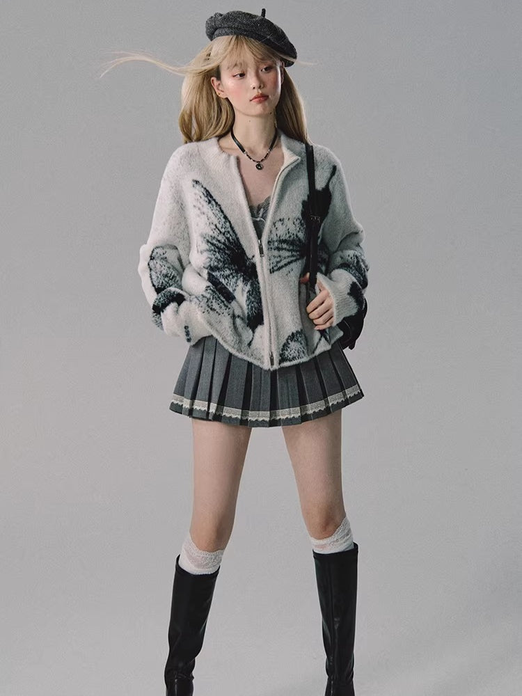 Double-Zip Jacquard Knit Cardigan