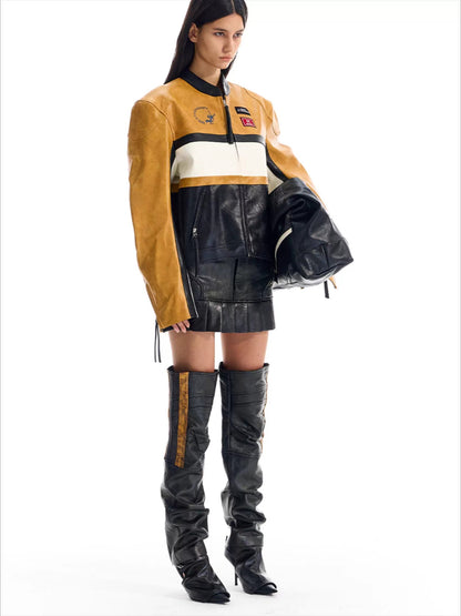 Color-Blocked Cropped Leather Sports Jacket