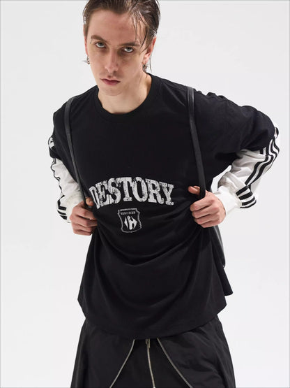 Faded Print Layered-Effect Patchwork Long Sleeve T-Shirt