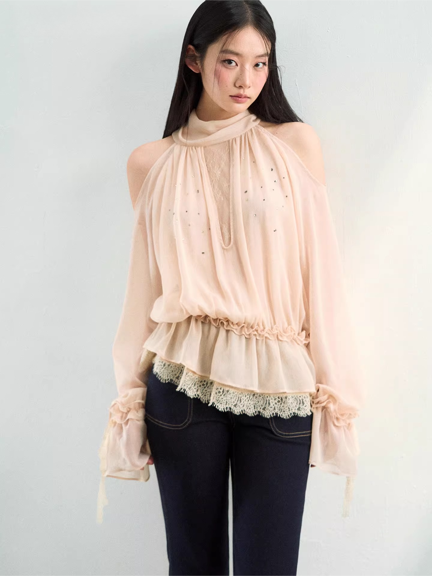 Rhinestone Sheer Chiffon Blouse