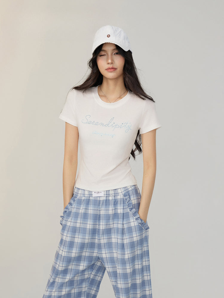 Tencel Sparkling Rhinestone Regular Shoulder T-shirt