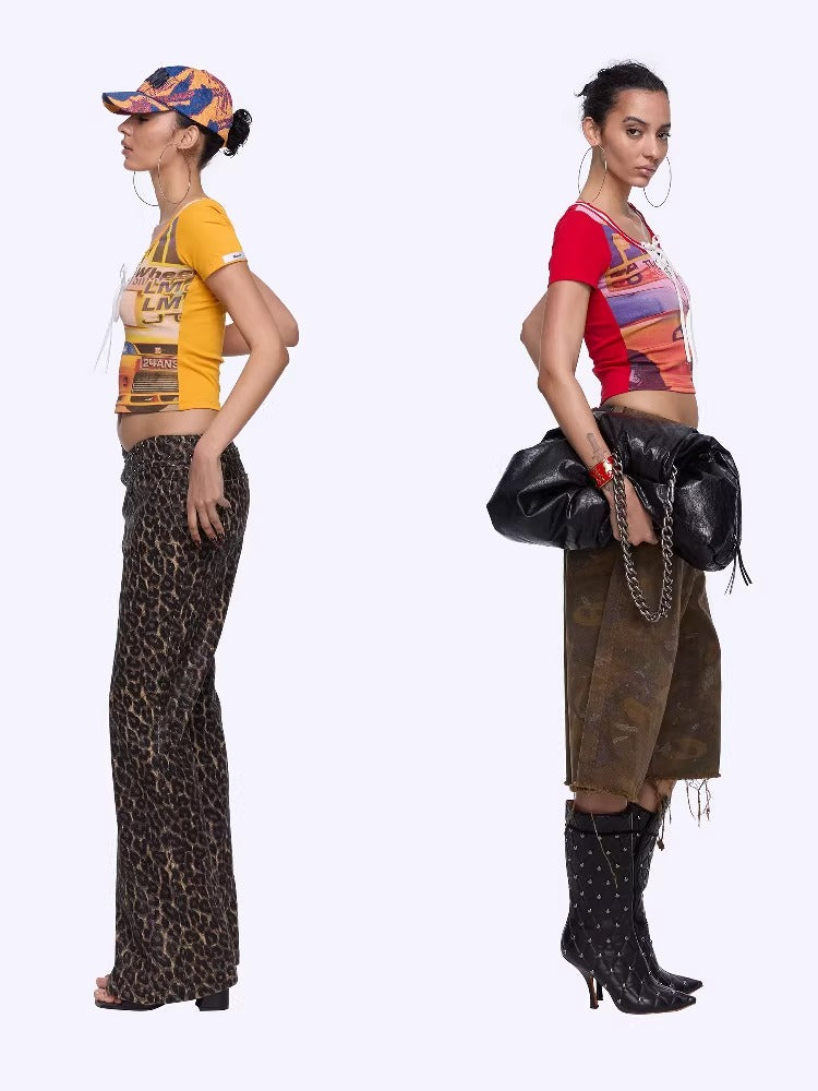 Retro Racing Print Layered-Look Patchwork T-Shirt