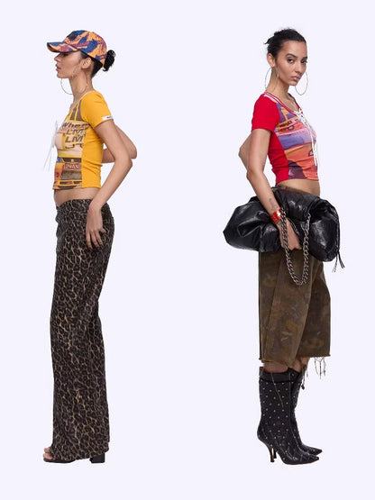 Retro Racing Print Layered-Look Patchwork T-Shirt