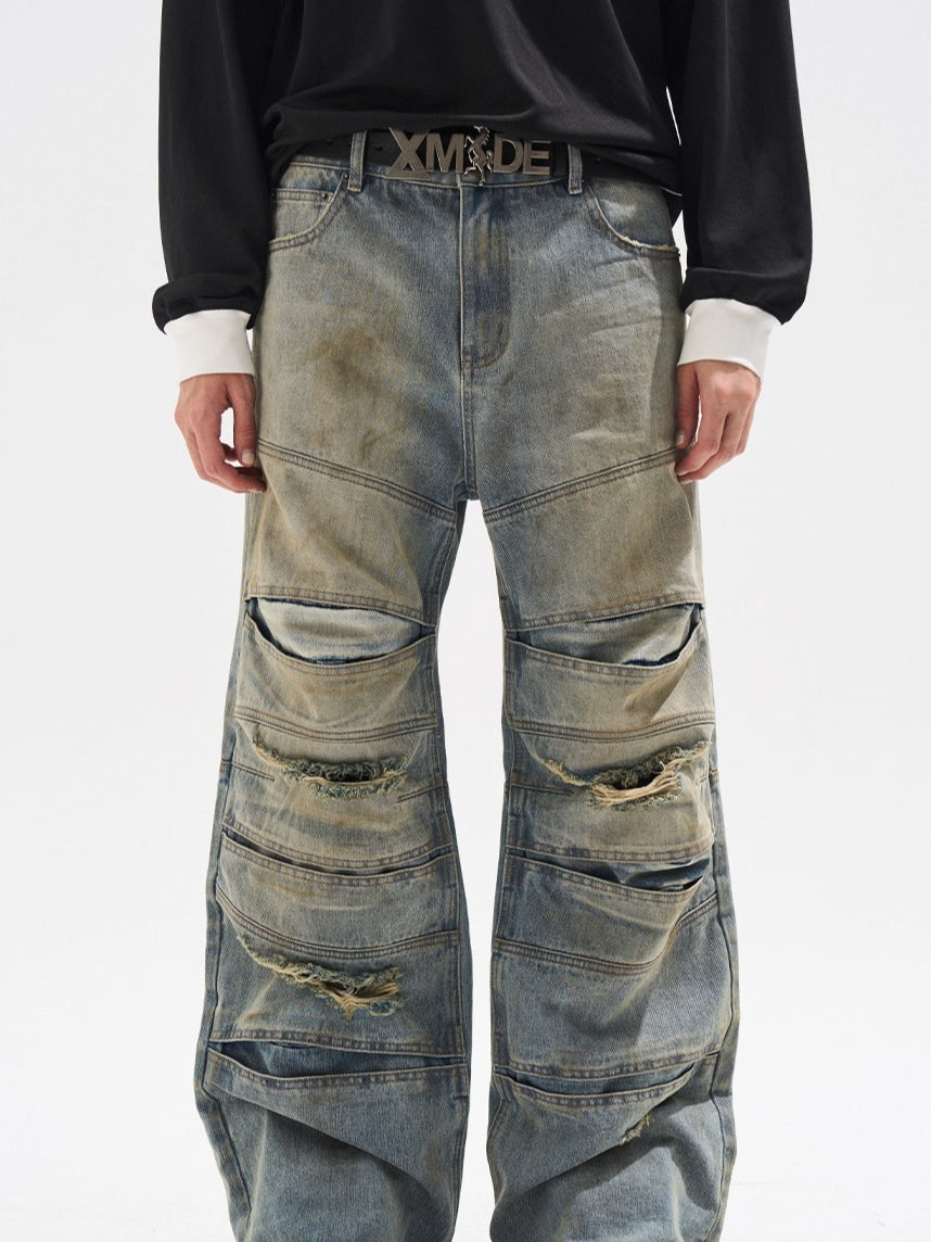 Layered Distressed Washed Loose Fit Denim Jeans