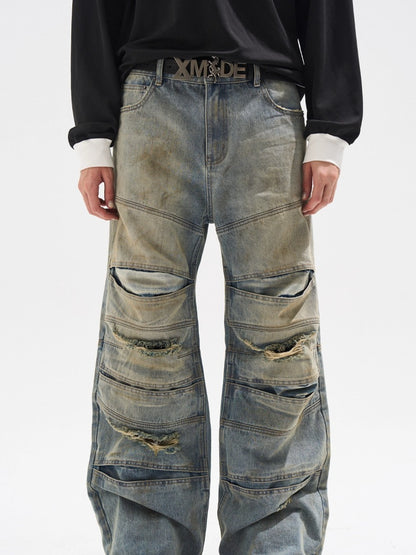 Layered Distressed Washed Loose Fit Denim Jeans