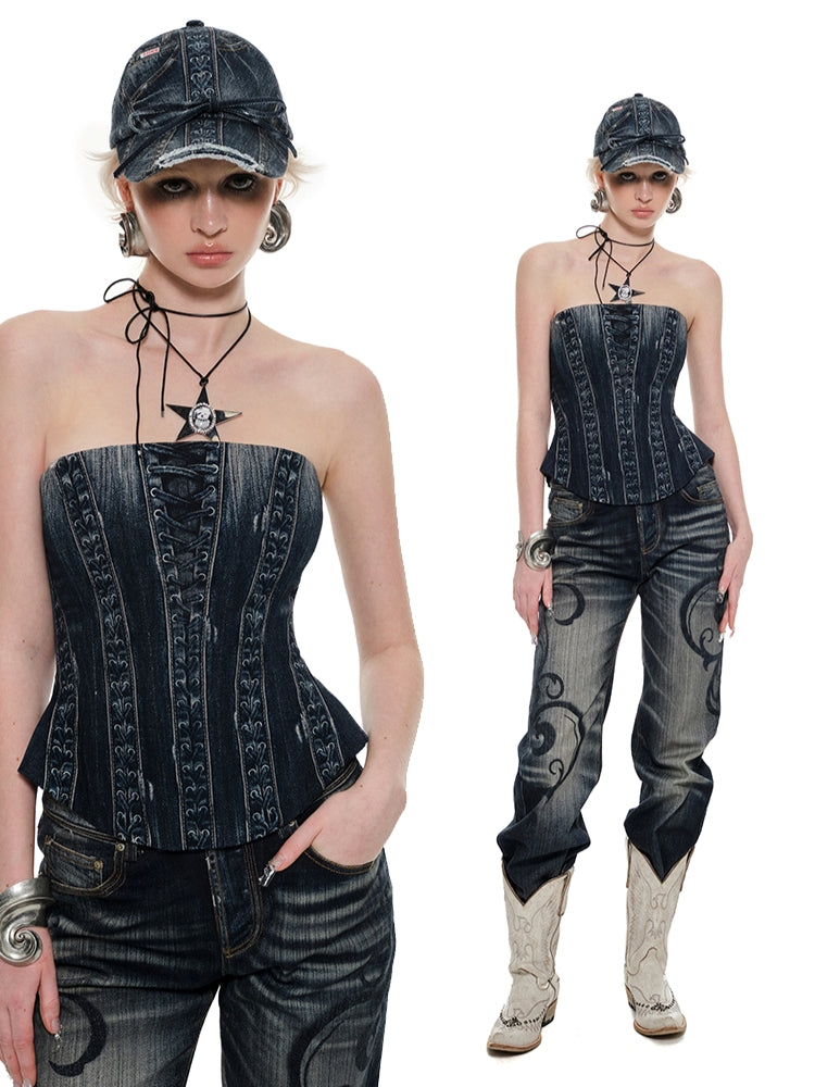 Denim Blue &amp; Black Printed Fishtail Corset