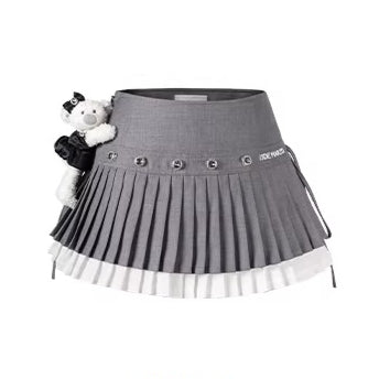 Rhinestone-Embellished Double-Layer Pleated Mini Skirt