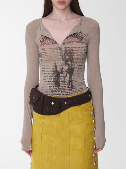 Henley Animal-Print Knitted Long Sleeves T-Shirt