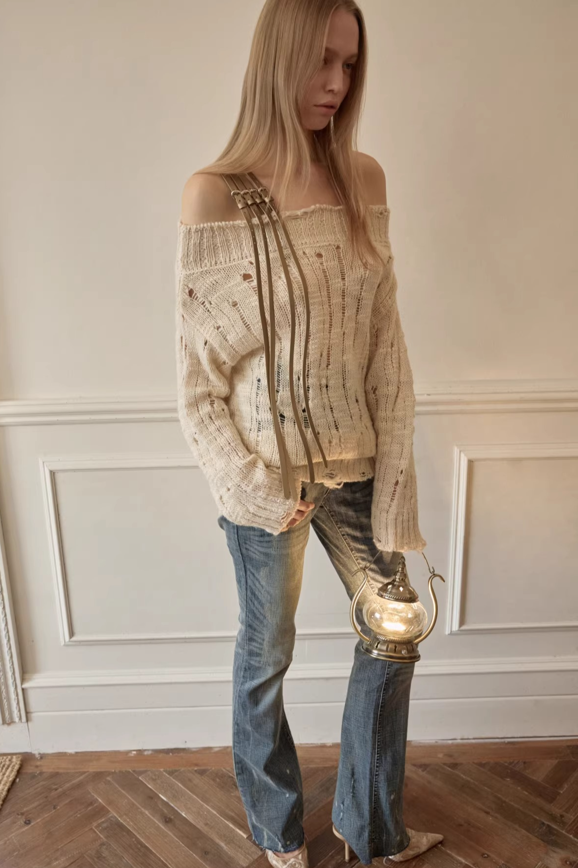 Off-Shoulder Belt Distressed Cable Knit Sweater