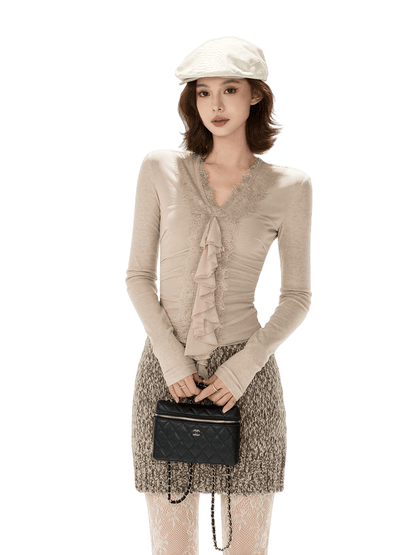 Elegant Lace Ruffle Knit V-Neck Top