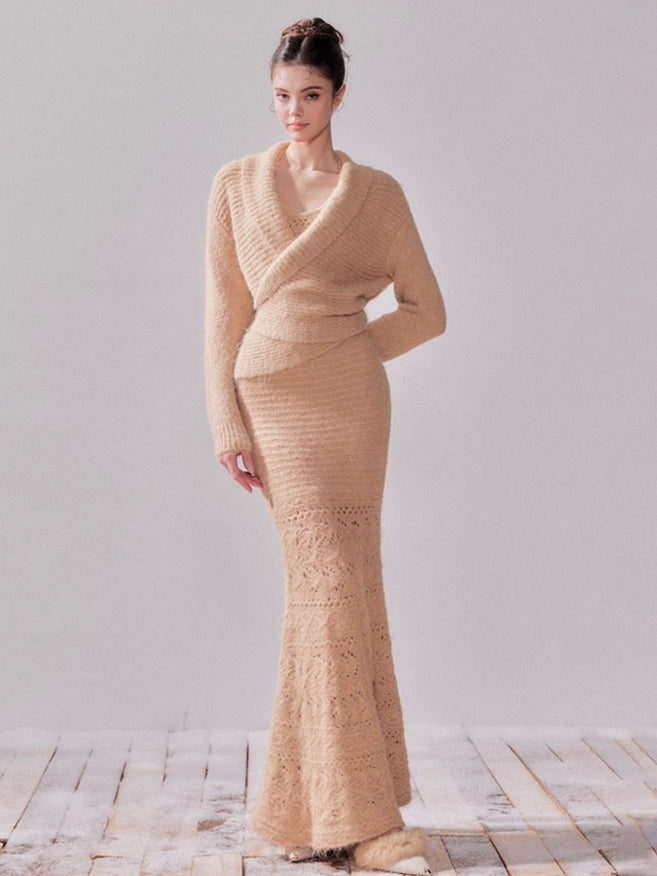 YZZIHE Amber Glow Knit Cardigan & Mermaid Dress Set Dresses(Pre-sale) / M YZZIHE Amber Glow Knit Cardigan & Mermaid Dress Set Dresses(Pre-sale) / M