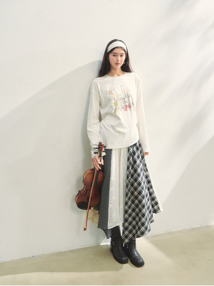 Patchwork Contrast Irregular Midi Skirt Set