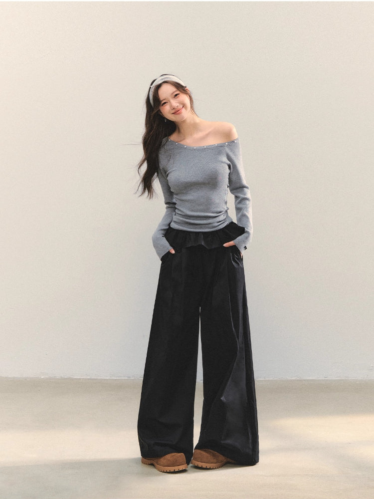 Pearl Decorated Waist-Cinched Knitted Crewneck