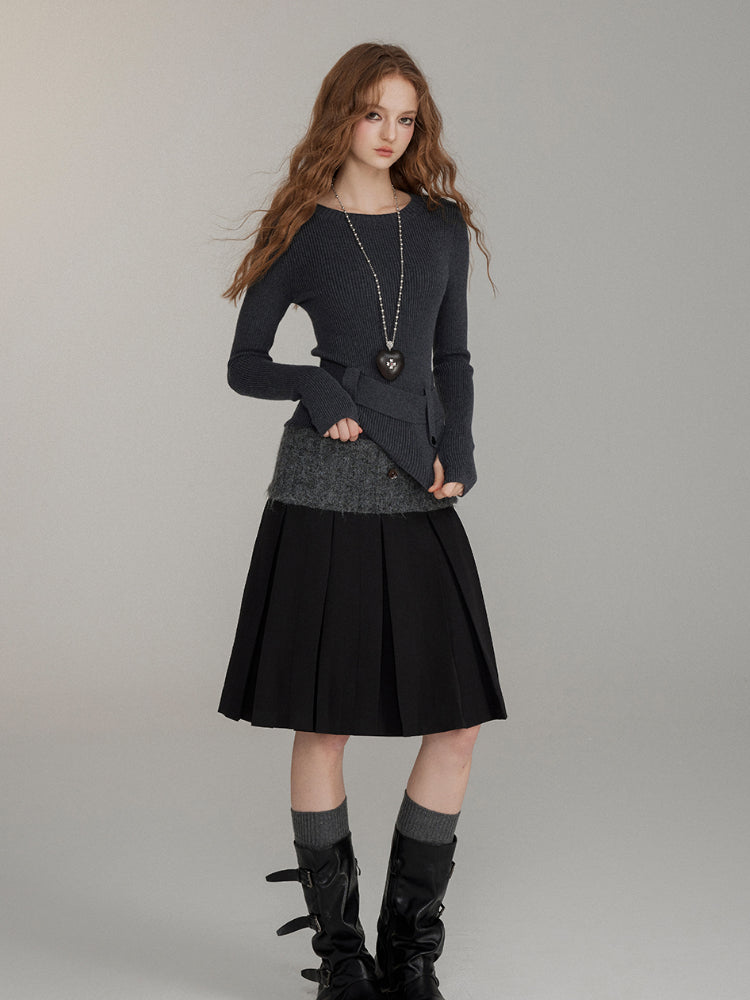 Waist-Cinched Wool Blend Crewneck