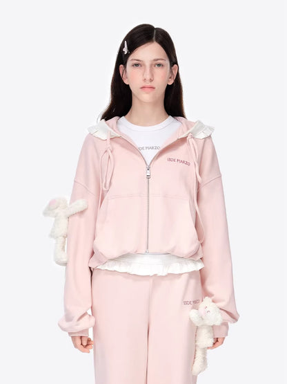 Ruffled Hooded Zip-Up Cropped Sweatshirt