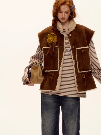 Reversible Faux Shearling Suede Drawstring Vest